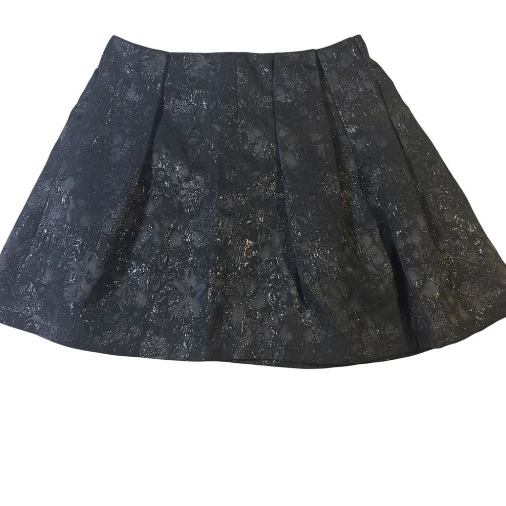 DKNYC Womens Black Metallic Floral Brocade Pleated Mini Skirt Size 2 A-Line - Picture 2 of 11
